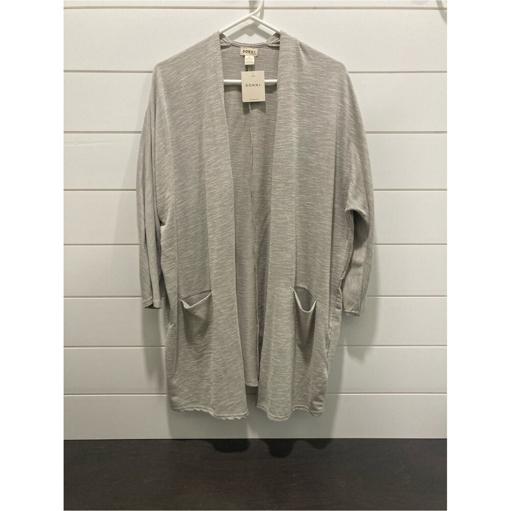 NWT DONNI. Sandwash Ribbed Open Front Cardigan Sweater-Gray/White Microstripe-OS